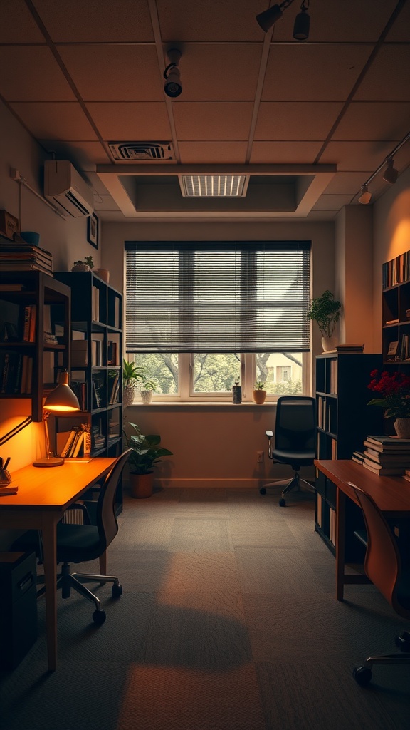 A cozy small office interior with warm lighting, bookshelves, and plants.