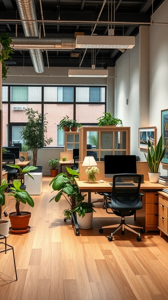 An organized office space with plants, desks, and natural light.