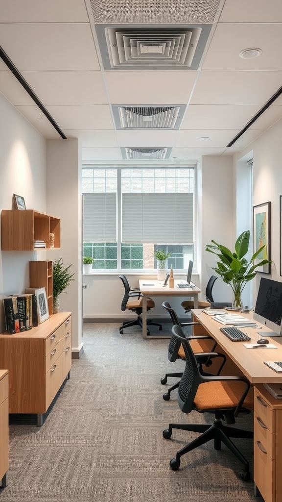 Small office interior with organized workspaces and natural light.