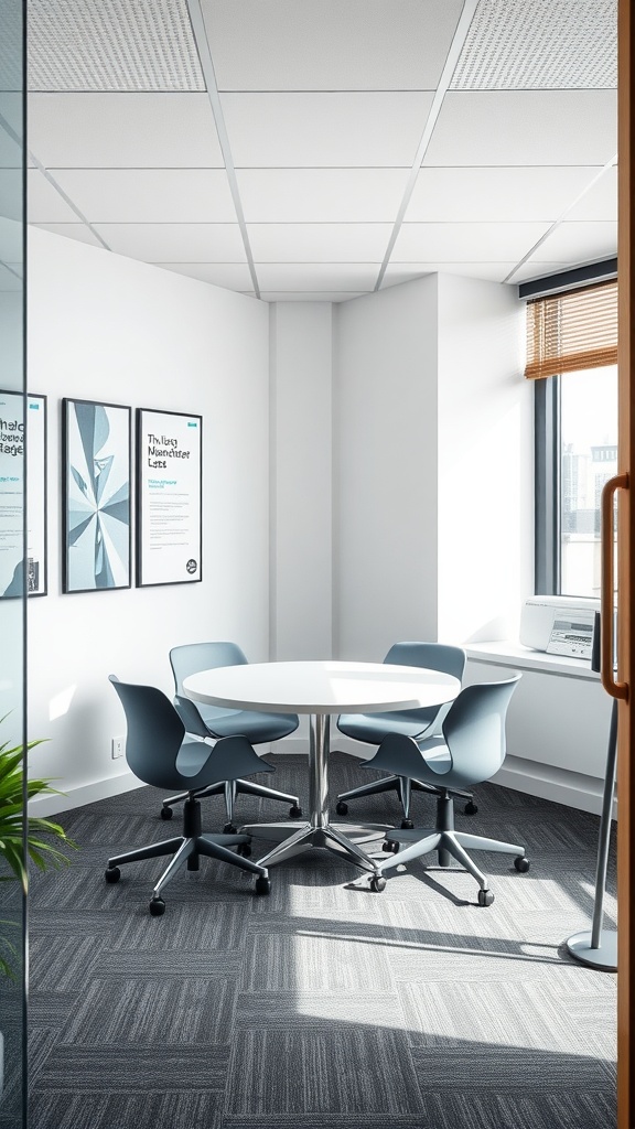 Small office meeting space with a round table and four chairs, featuring natural light and artwork on the walls.