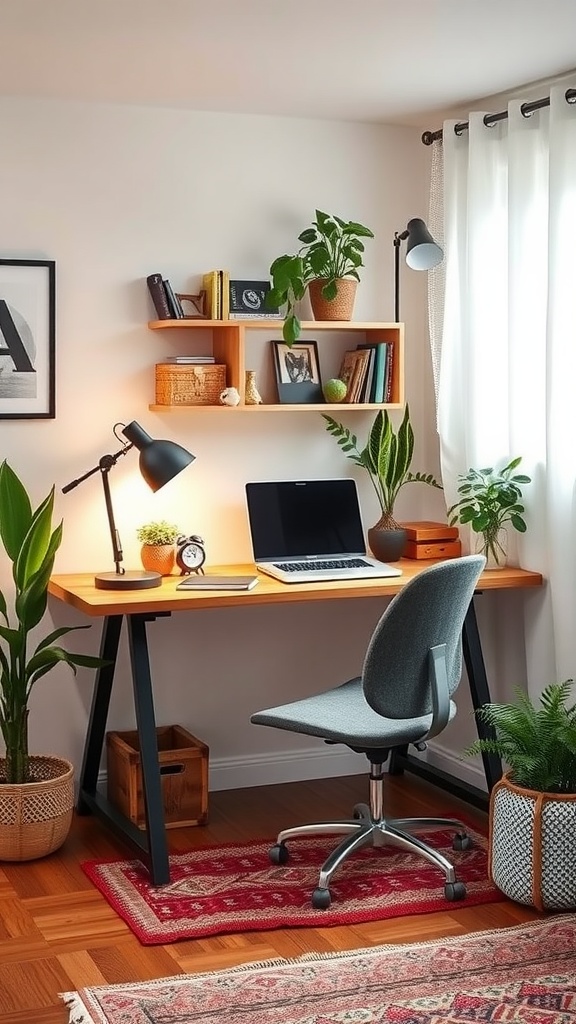 Small home office interior with a desk, chair, plants, and decor