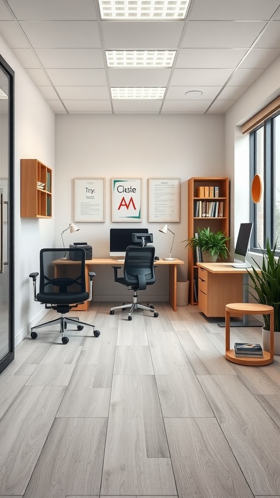 A well-designed small office interior with two desks, chairs, bookshelves, and plants.