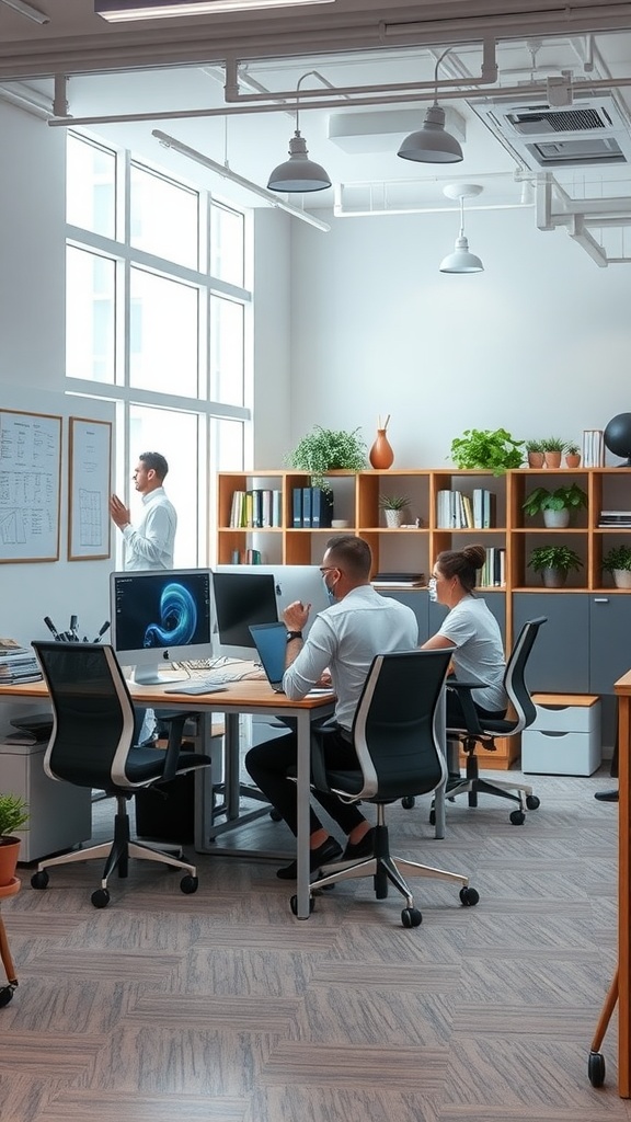 A modern office interior featuring an open layout with collaborative workspaces.