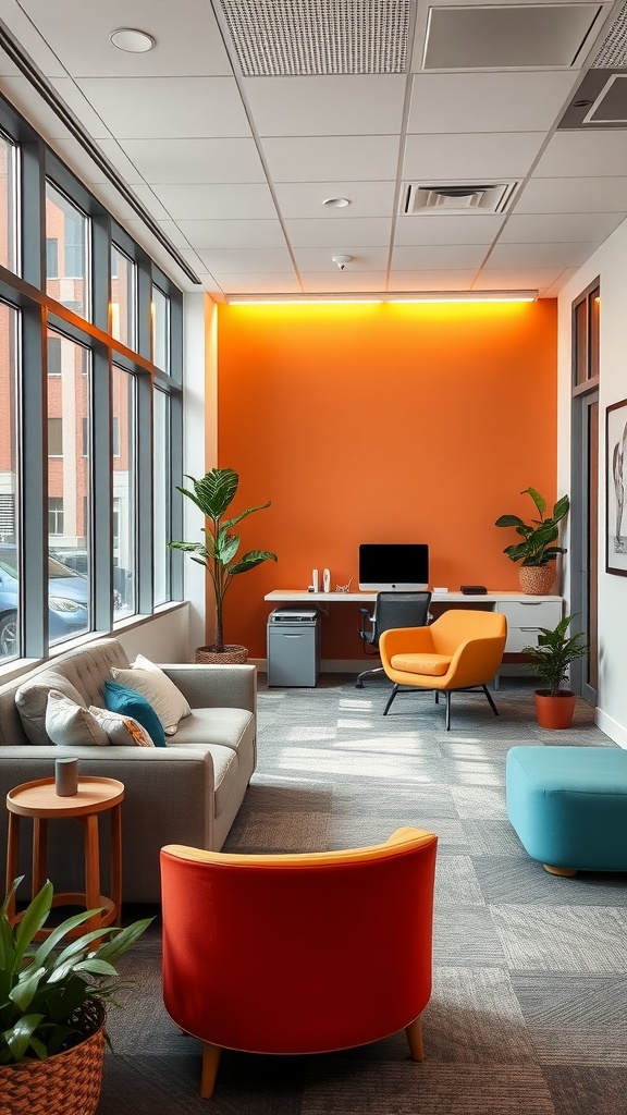 Small office interior design with bright colors and comfortable seating