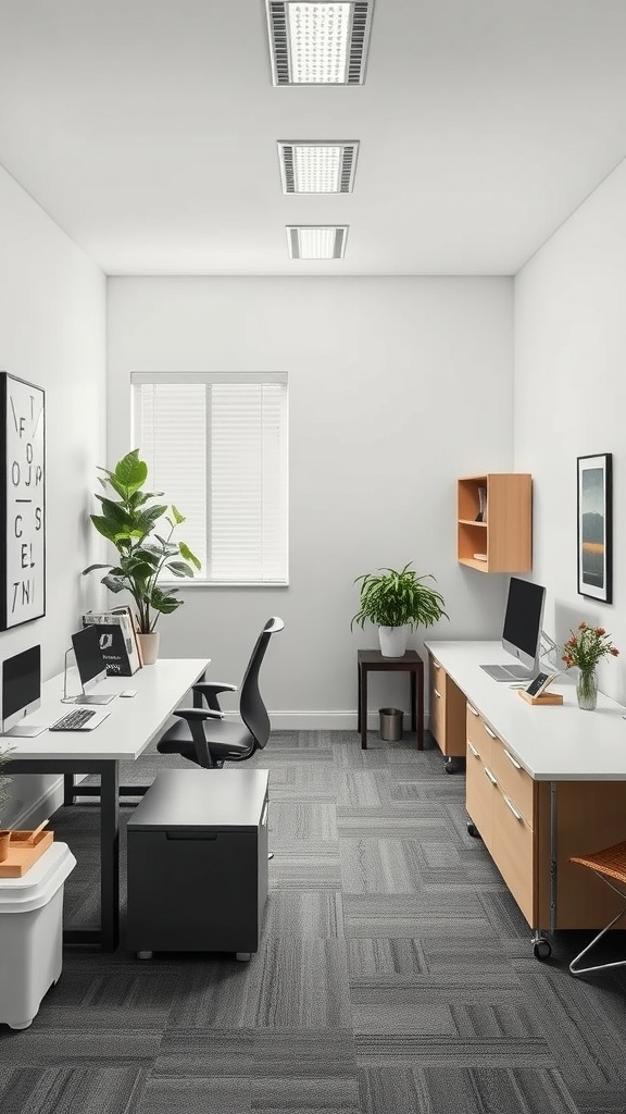 A small office interior with a clean design featuring two workstations, plants, and ample lighting.