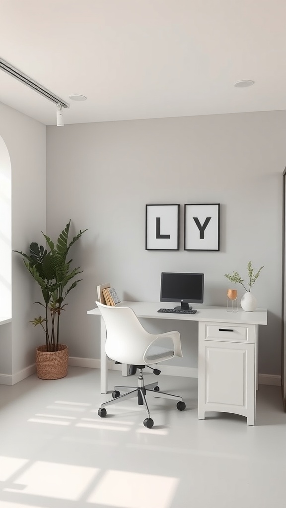 A small, minimalist office interior featuring a desk, chair, computer, and a plant.