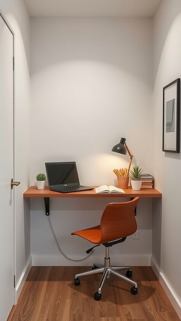 A small office interior featuring a wall-mounted desk, laptop, and potted plants.