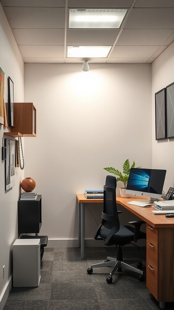 Interior of a small office with a desk, computer, and lighting.