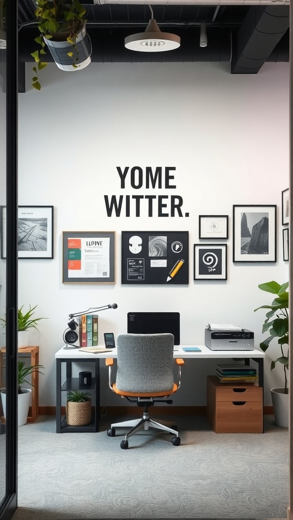 A small office with a desk, chair, and wall art including framed pictures and a quote.