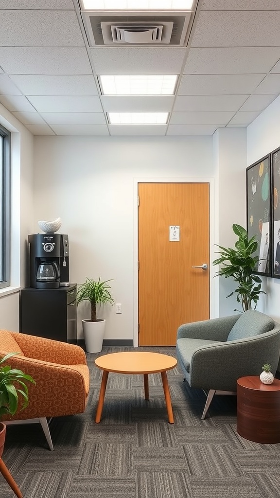 Small office break area with two chairs, a coffee machine, and plants.