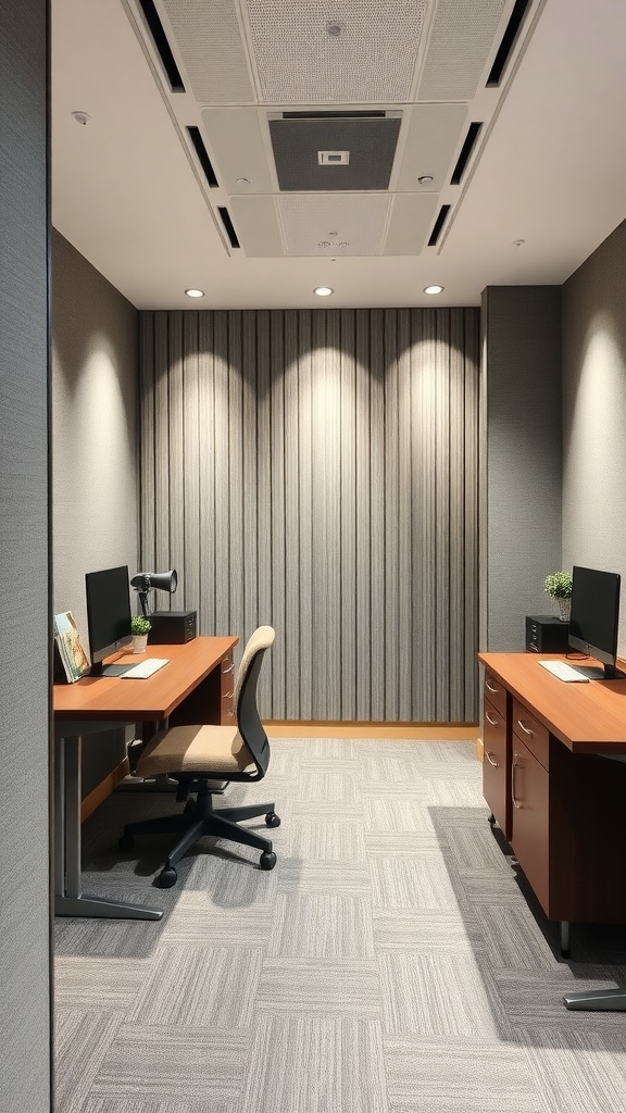 Small office interior with desks, computers, and acoustic panels