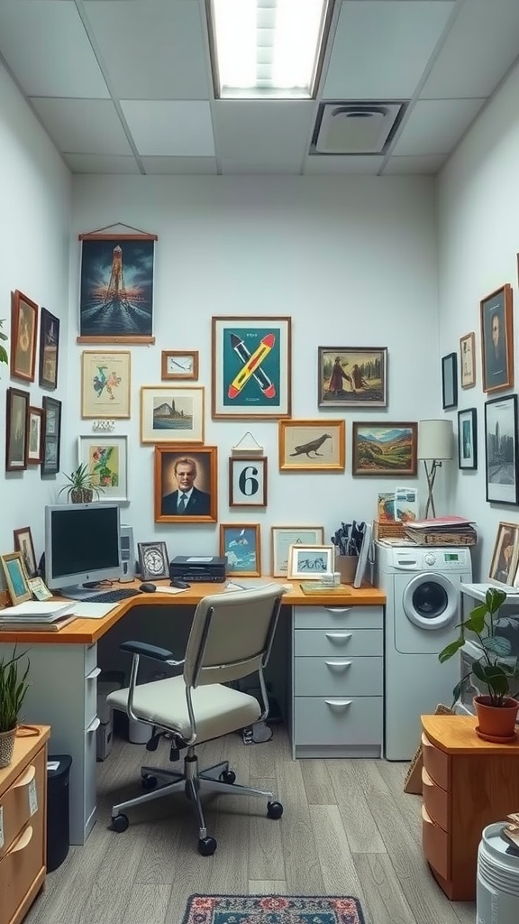 A small office interior decorated with framed art and personal items.