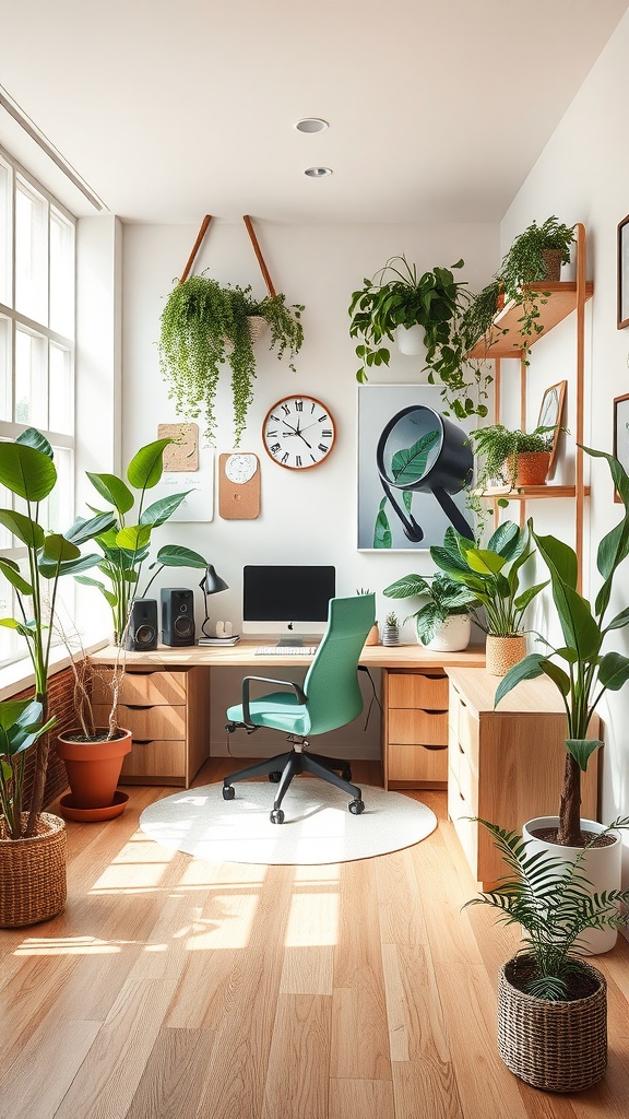 Small office interior with plants and natural elements.