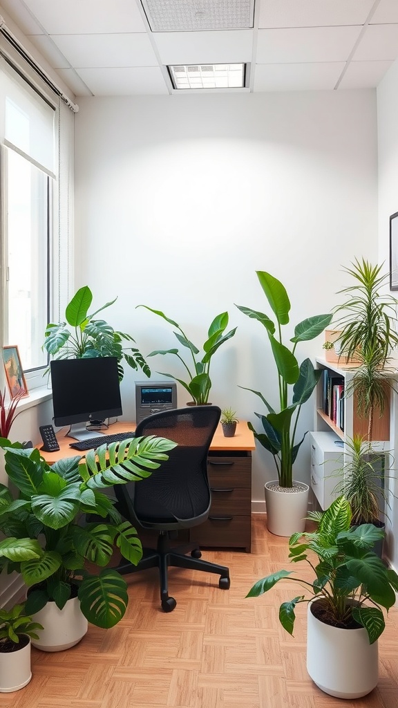 A small office interior with a computer desk surrounded by various indoor plants.