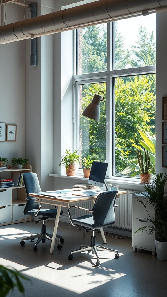 A small office with large windows allowing natural light and several green plants on the desk and windowsill.