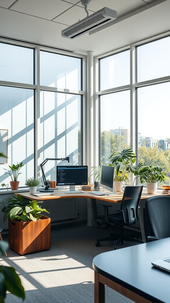 Bright small office with large windows, plants, and modern furniture.