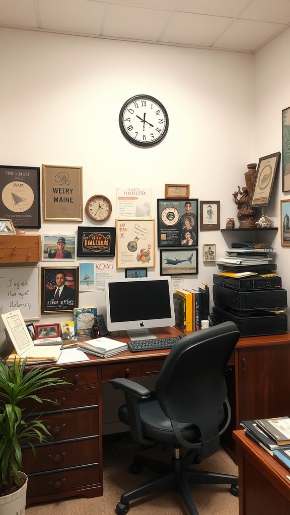 A small office interior featuring a desk, computer, and a wall decorated with various personal items and keepsakes.