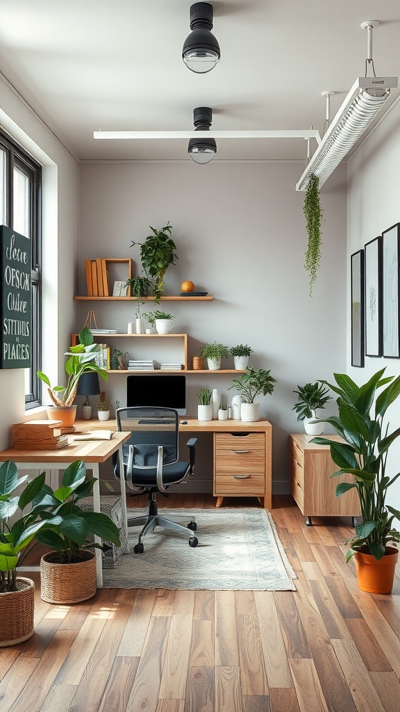 A small office interior featuring sustainable materials and plants.