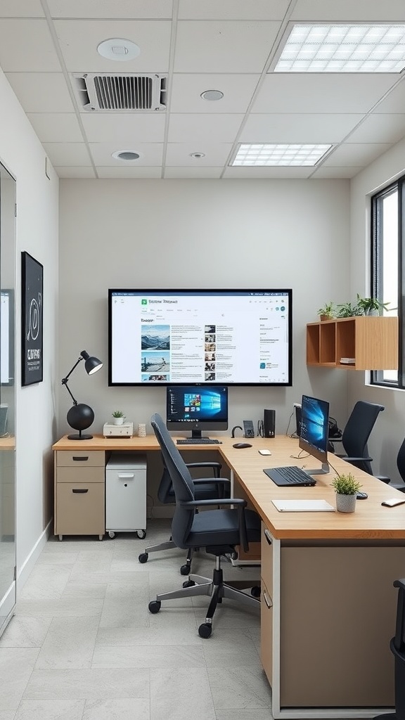 Small office interior with technology setup including computers and a large wall-mounted screen