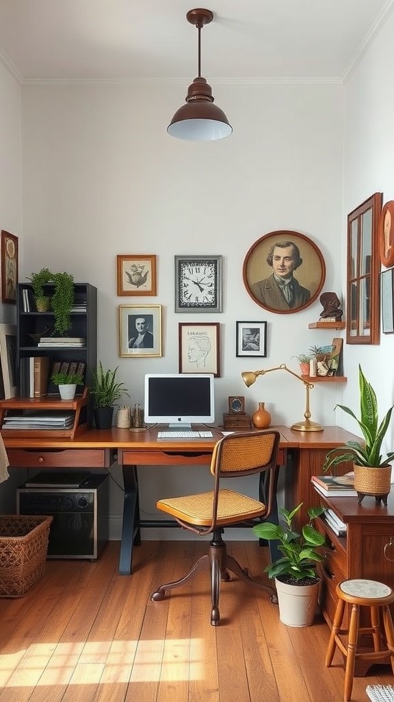 A cozy small office interior with vintage decor, featuring a wooden desk, framed artwork, and plants.