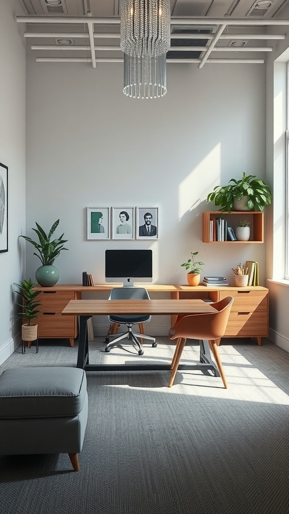 Small office interior with multi-functional furniture, featuring a desk, chairs, and shelves.