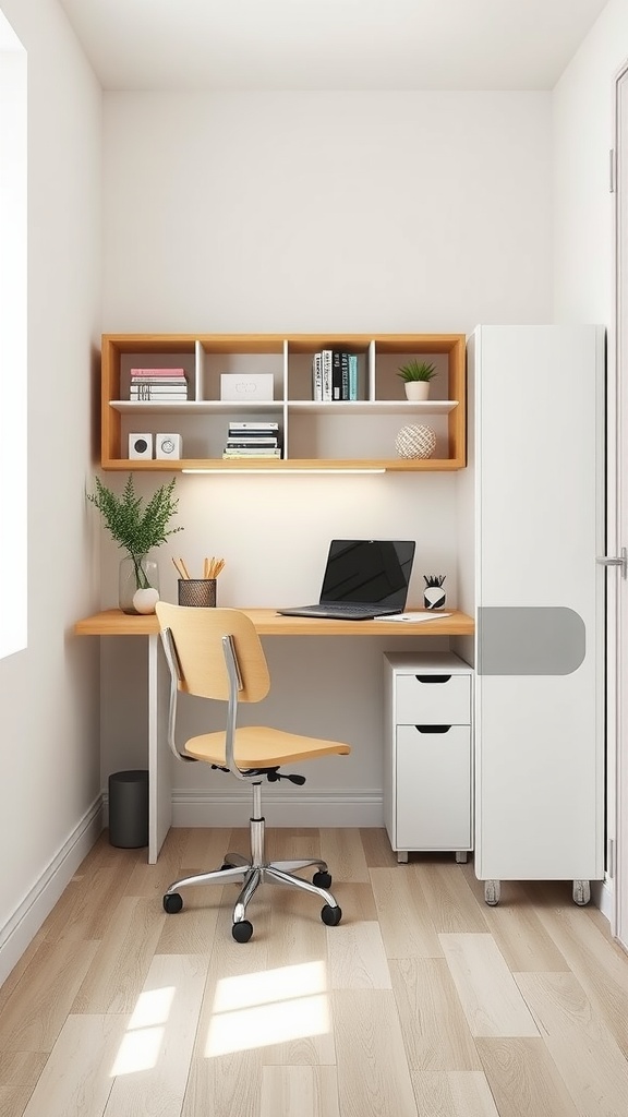 Small office interior design featuring a desk, chair, and shelving.