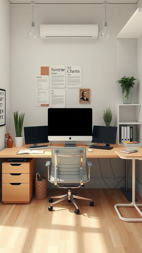 A modern small office interior with a desk, computer monitors, and plants.