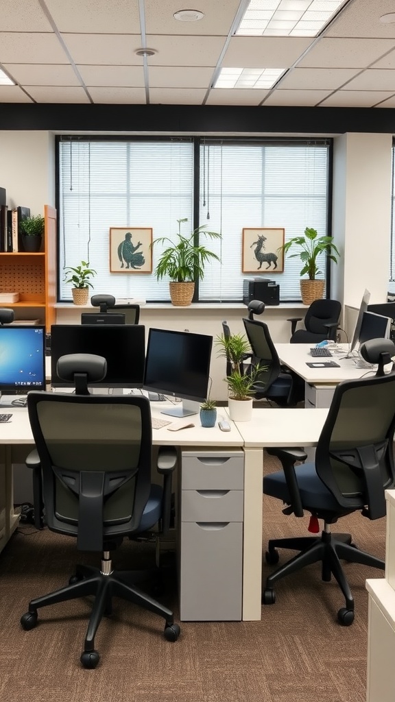 A small office interior with personalized workstations, featuring ergonomic chairs and plants.