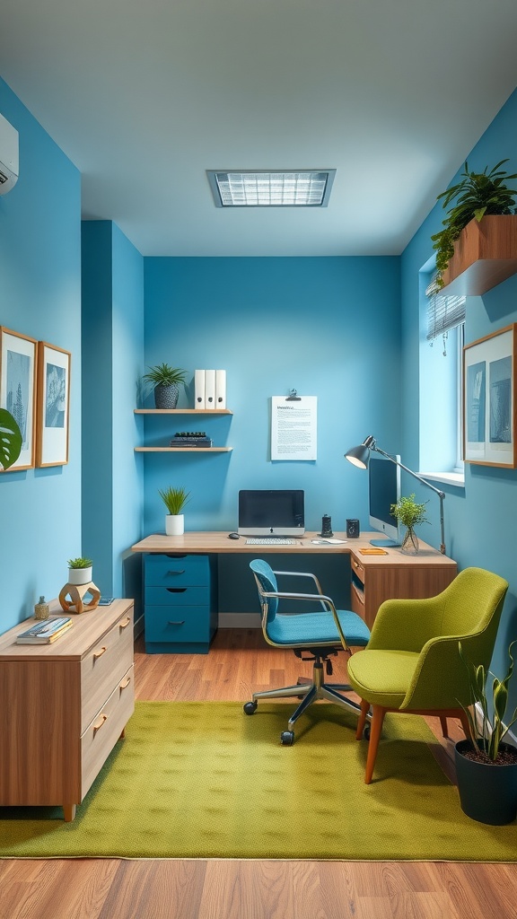 A small office interior designed with blue walls and green accents, featuring a desk, chair, and plants.