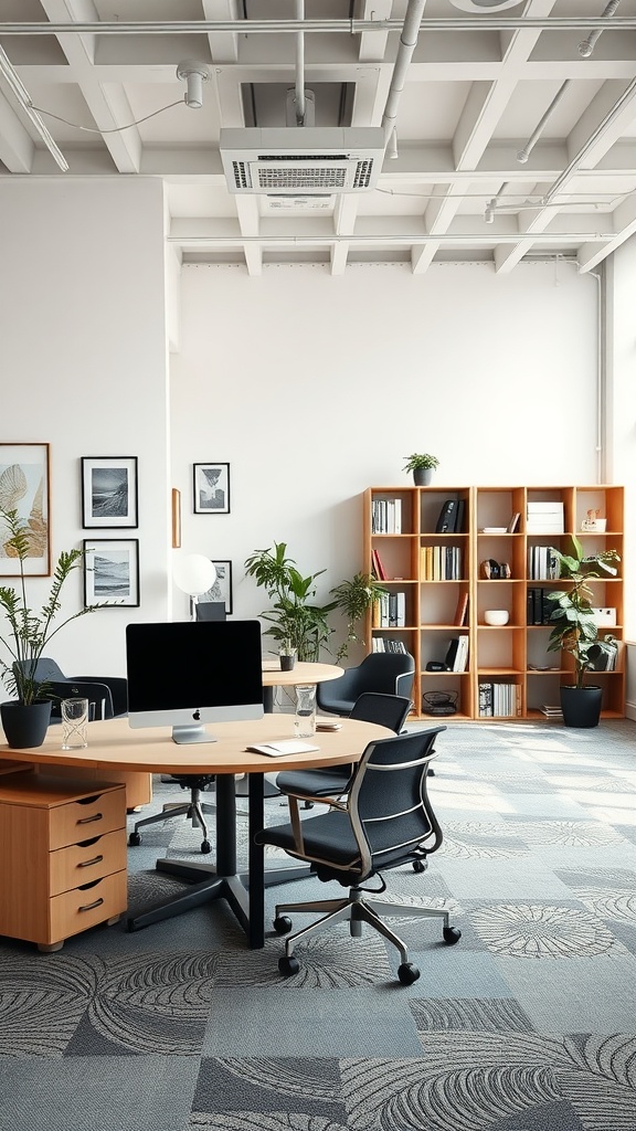 A modern office interior featuring modular furniture, plants, and artwork.