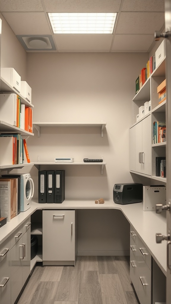 A small office interior with shelves and storage solutions.