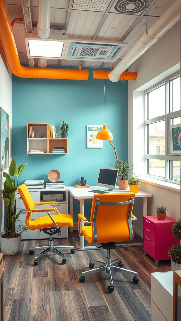 A small office interior featuring bright orange and pink accents, with a blue wall and modern furniture.
