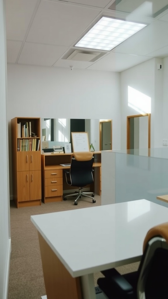 Small office with mirrors and wooden furniture