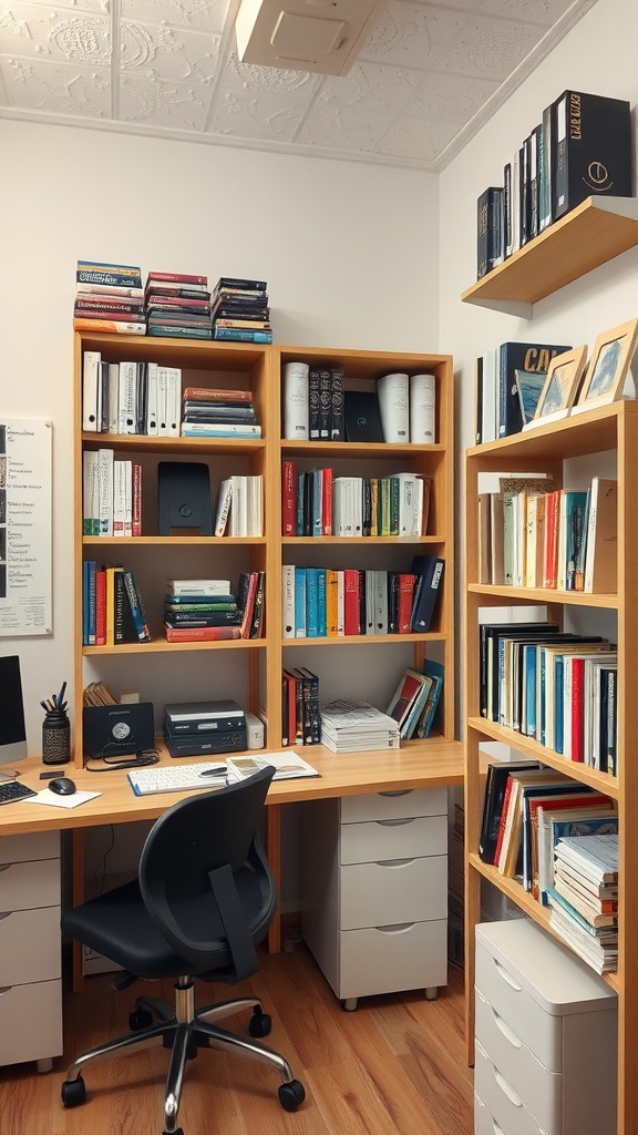 A small office interior featuring open shelving with books and office supplies.