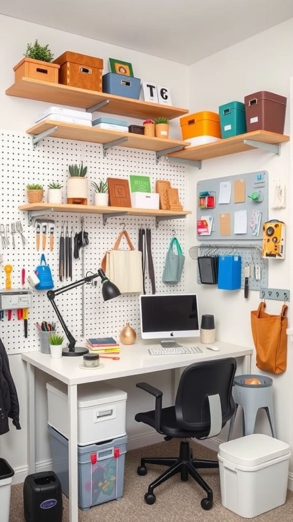 A small office interior with shelves, pegboard, and a desk.