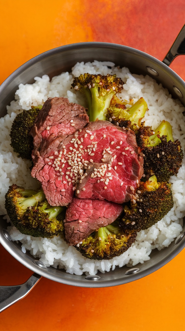 A delicious Beef and Broccoli Rice Bowl served in a pan.