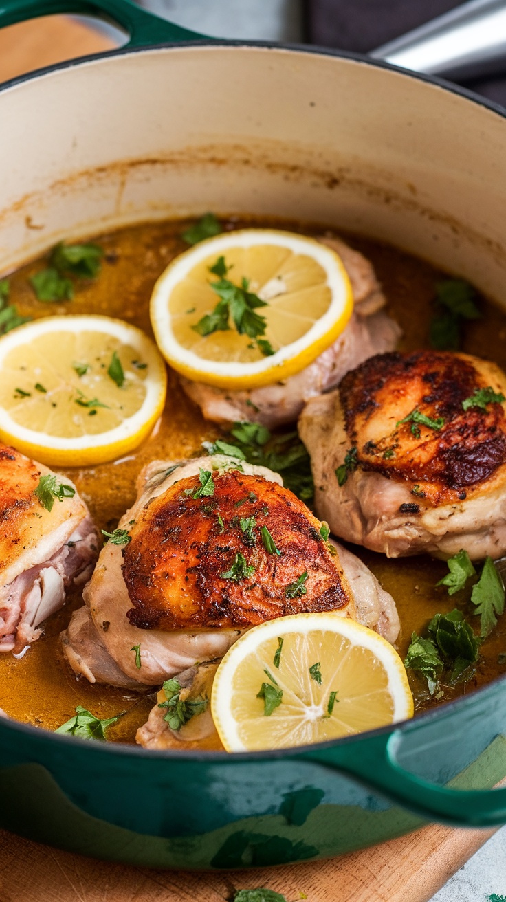 Braised Lemon Garlic Chicken Thighs in a Dutch oven