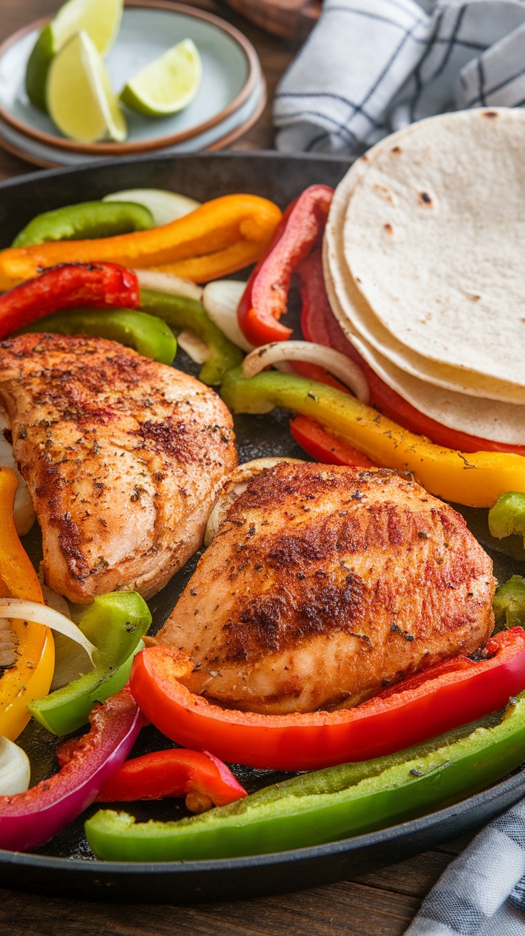 Chili Lime Chicken Fajitas served with colorful bell peppers and tortillas