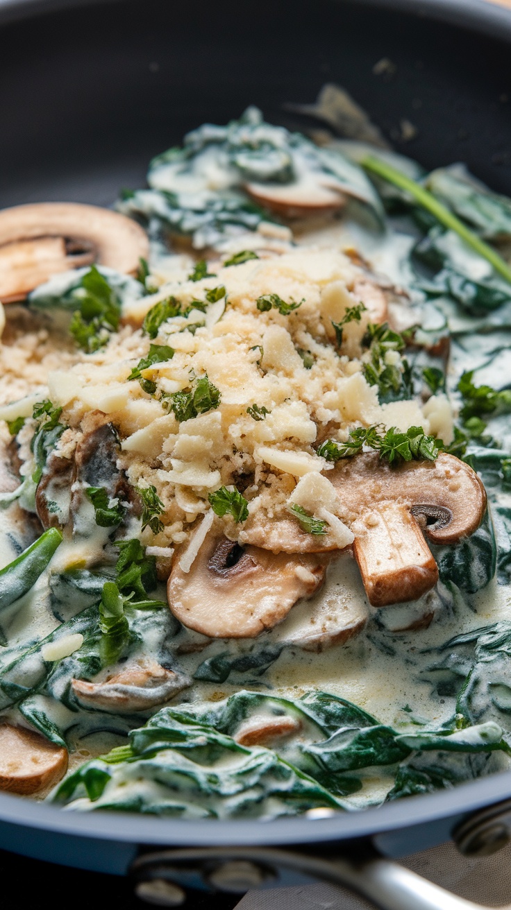 Creamy garlic mushrooms and spinach dish in a pan
