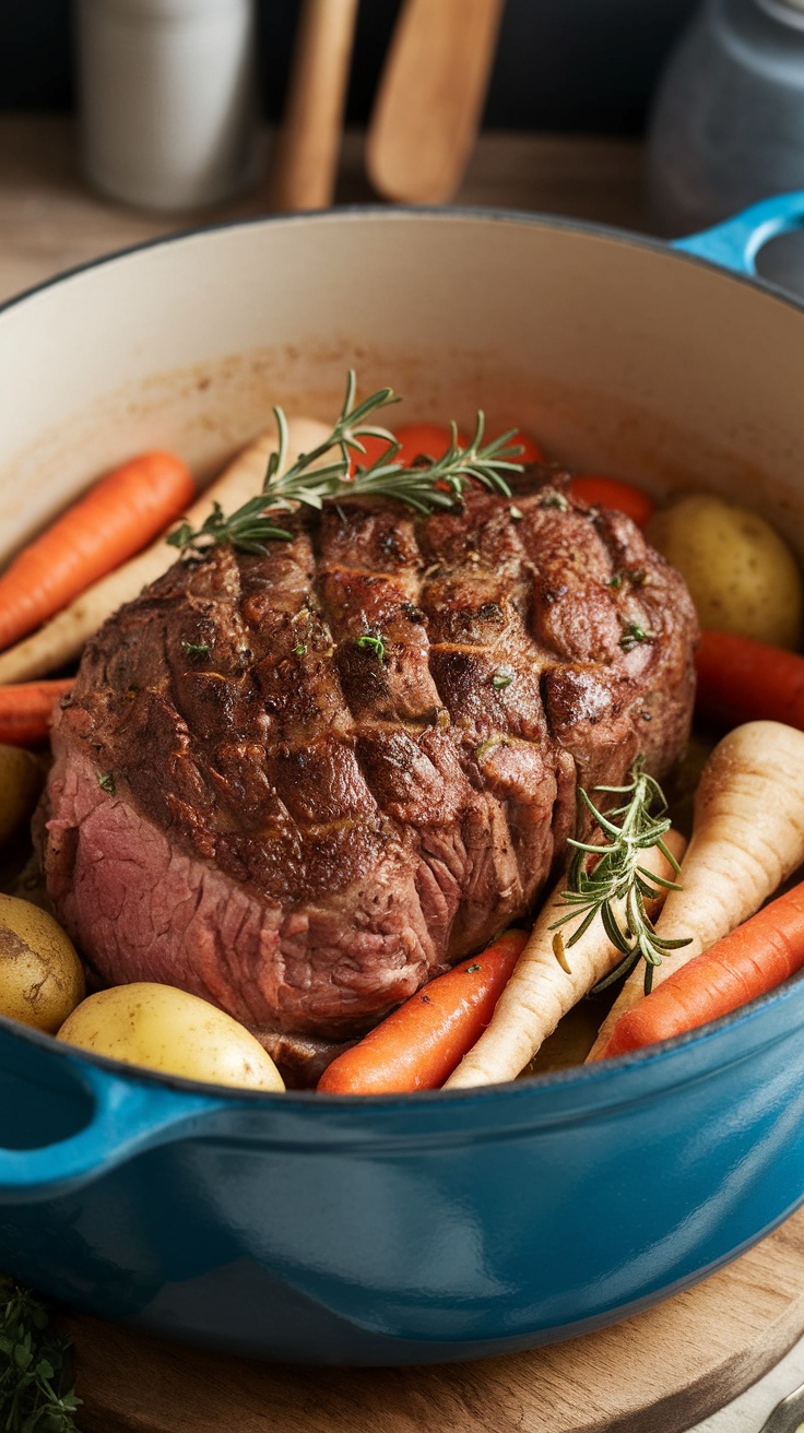 A cooked pot roast with root vegetables in a Dutch oven