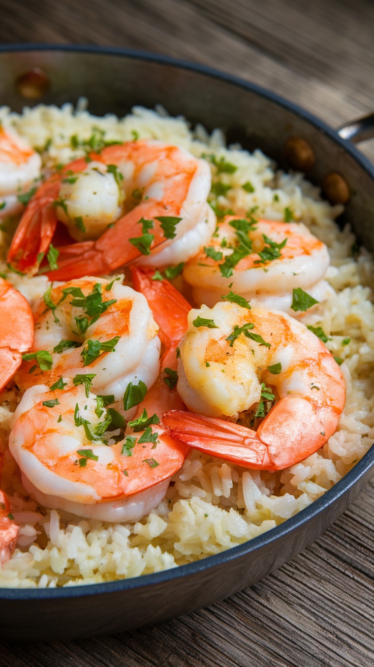 A delicious plate of garlic butter shrimp atop fluffy rice, garnished with fresh herbs.