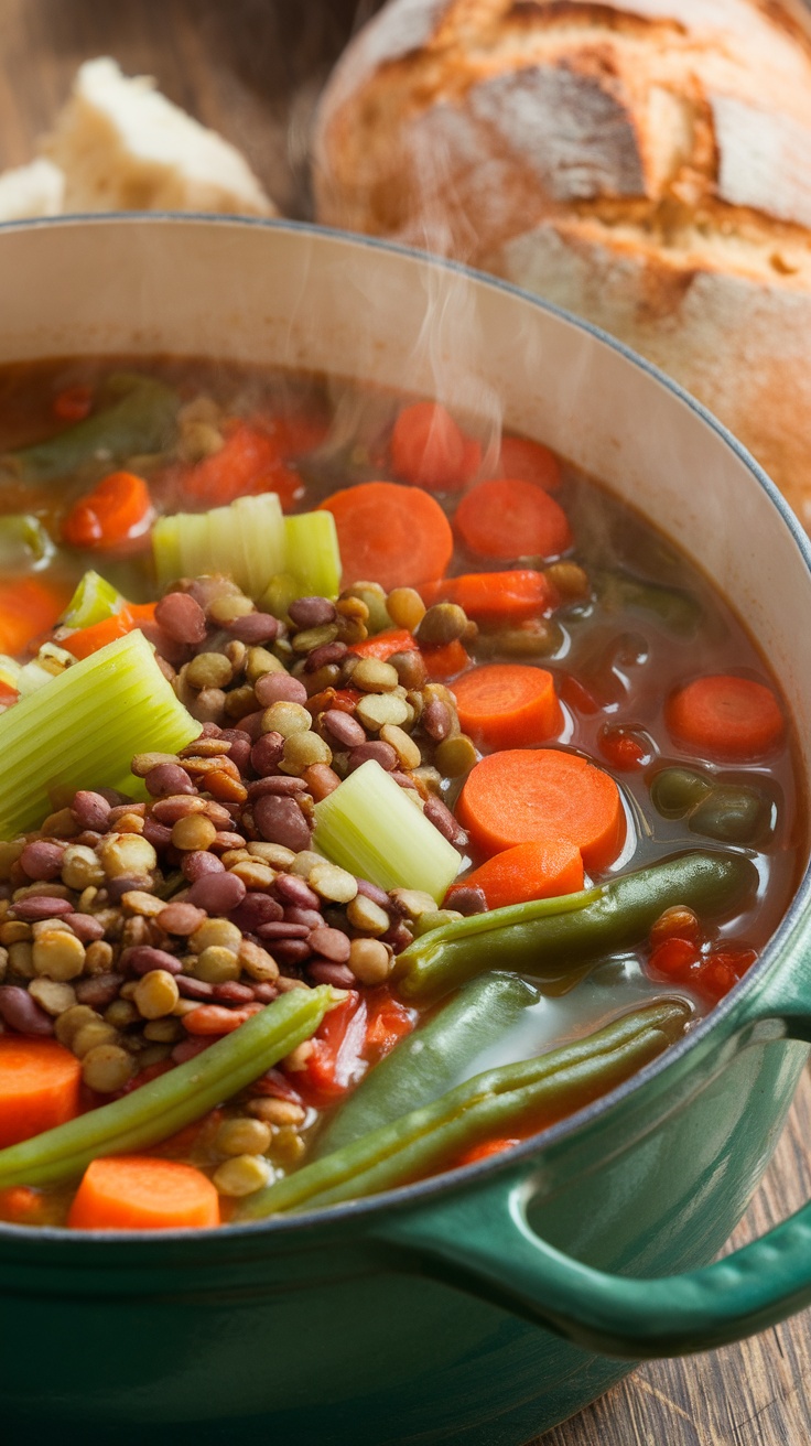 A warm bowl of vegetable and lentil soup