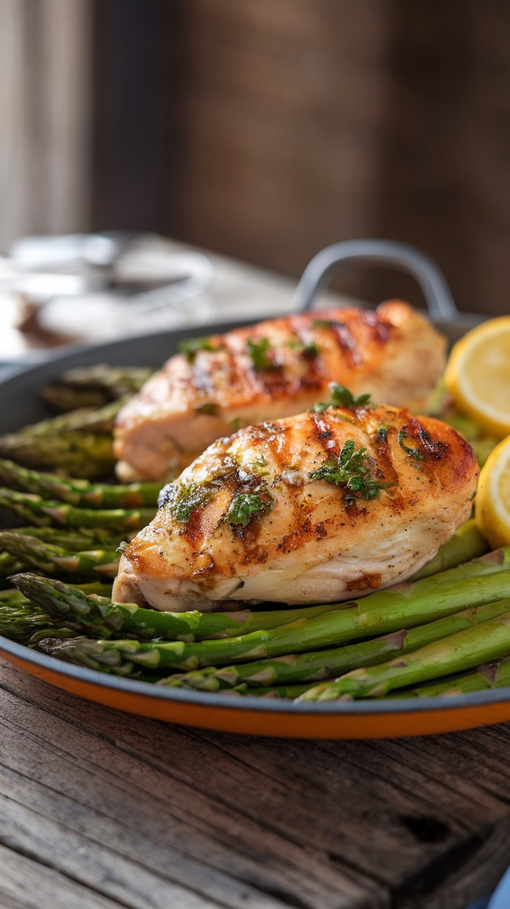 Cooked lemon herb chicken with asparagus in a pan.