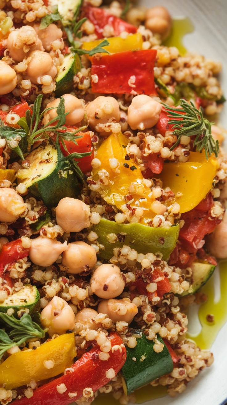 Colorful Mediterranean quinoa and chickpeas dish with fresh vegetables.