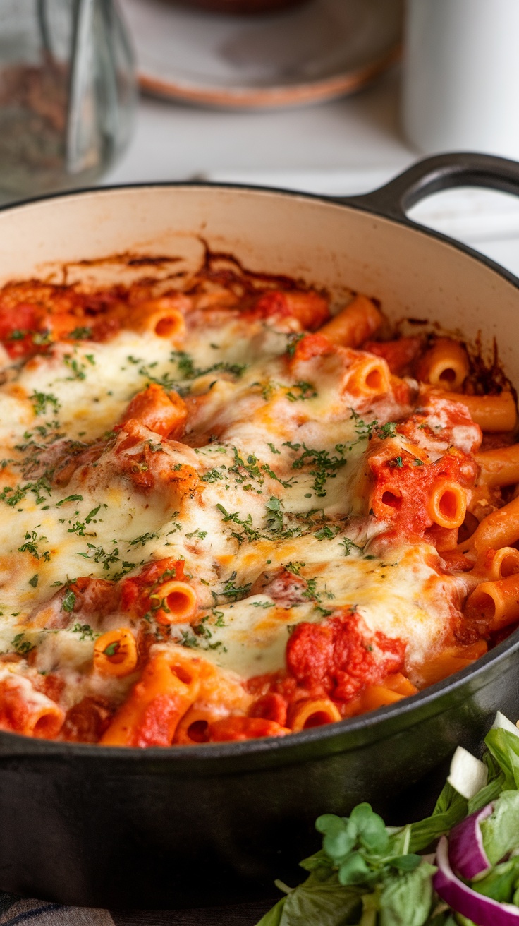 A delicious baked ziti dish made in a Dutch oven with melted cheese on top.