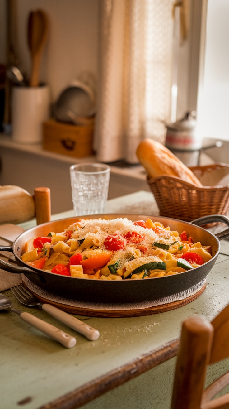 A vibrant dish of pasta primavera with assorted vegetables and cheese