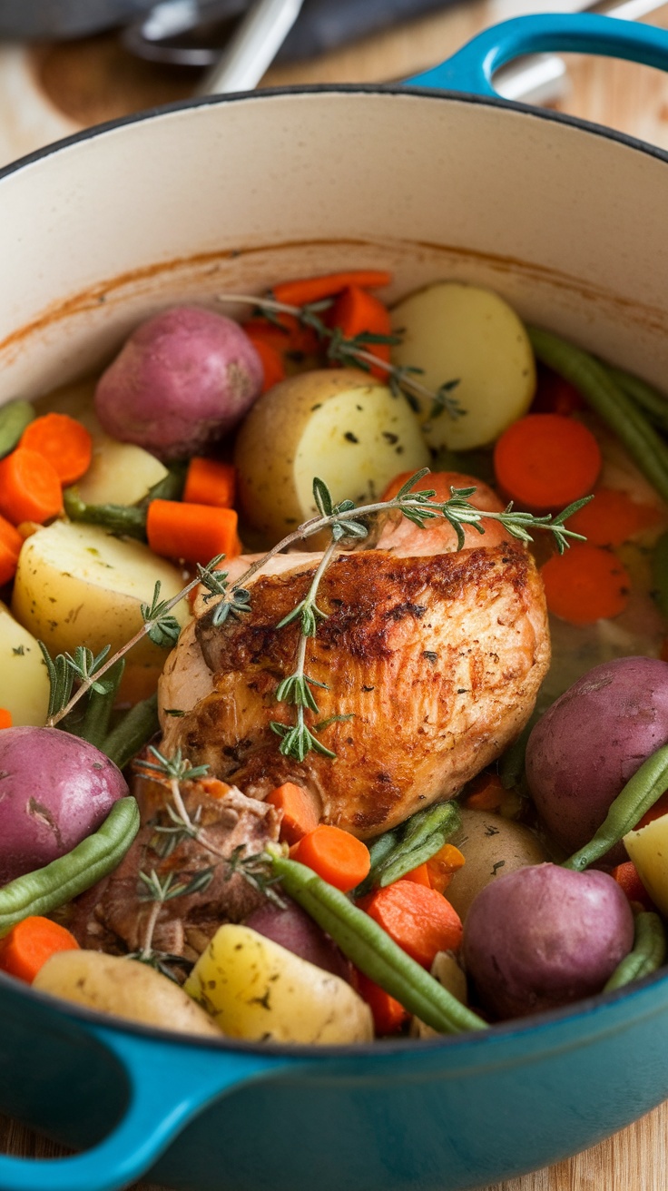 A hearty chicken and vegetable stew in a Dutch oven.