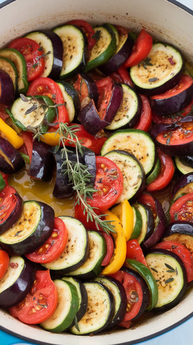 A colorful ratatouille made with layers of sliced eggplant, zucchini, bell peppers, and tomatoes, garnished with herbs.