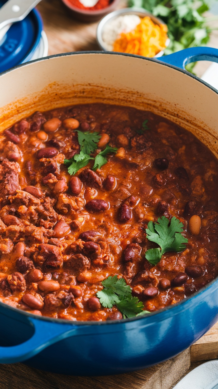 A pot of savory beef and bean chili with fresh cilantro on top.