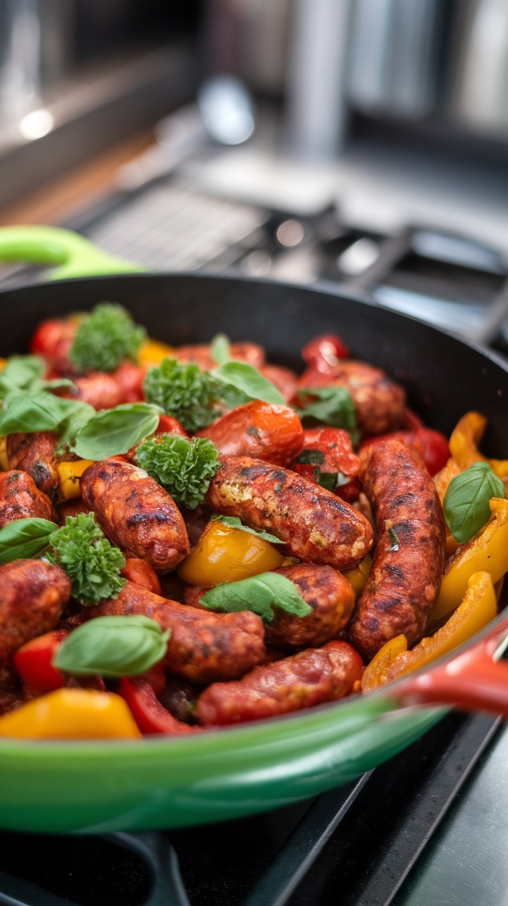 A colorful skillet filled with spicy sausage and bell peppers, garnished with fresh basil.